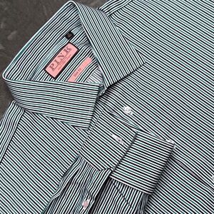Thomas Pink Slim Fit Dress Shirt Mens 18 Green Navy White Stripe Long Sleeve